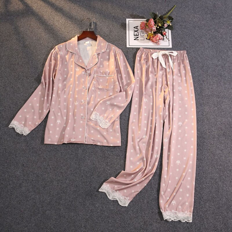 Women's Summer Two-piece Suit Pajamas Ice Silk Satin Thin Outwear Print Lace Pyjamas Home Suit for Women Clothes