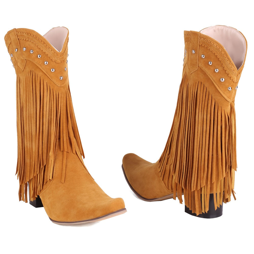 woloong  New Arrival Cowboy Western Long knee-high Boots Women Stacked Heeled Fringe Retro Casual Ridding Boots Autumn Shoes