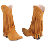 woloong  New Arrival Cowboy Western Long knee-high Boots Women Stacked Heeled Fringe Retro Casual Ridding Boots Autumn Shoes