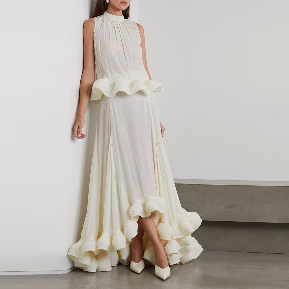 Solid Two Piece Sets For Women Stand Collar Sleeveless Tops High Waist A Line Skirts Summer Set Female Fashion New