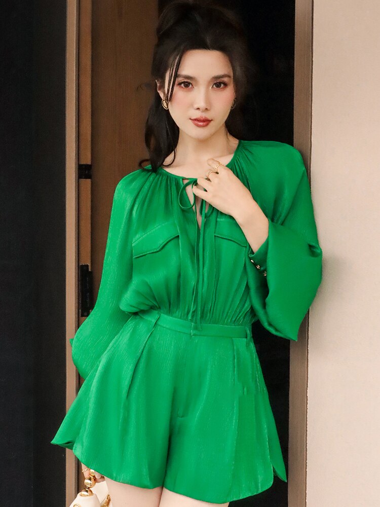 Patchwork Lace Up Jumpsuit For Women V Neck Lantern Sleeve High Waist Shorts Casual Jumpsuit Female Fashion