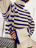 Winter Women’s Long Sleeves Knit Sweater Turtleneck Striped Print Loose Pullover Tops New Autumn Oversized Sweater