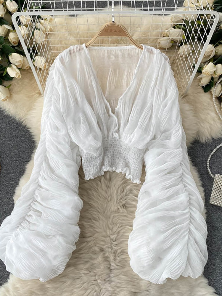 goosudu  Summer Sexy Draped Chiffon Blouse For Women Elegant V-Neck Puff Long Sleeve Short Tops Female Slim Party Shirts  New Fashion