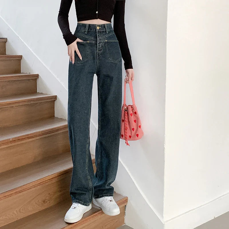 High Waist Wide Leg Jeans for Women Korean New High Street Loose Trousers Blue-gray Straight Denim Pants Women S-XL