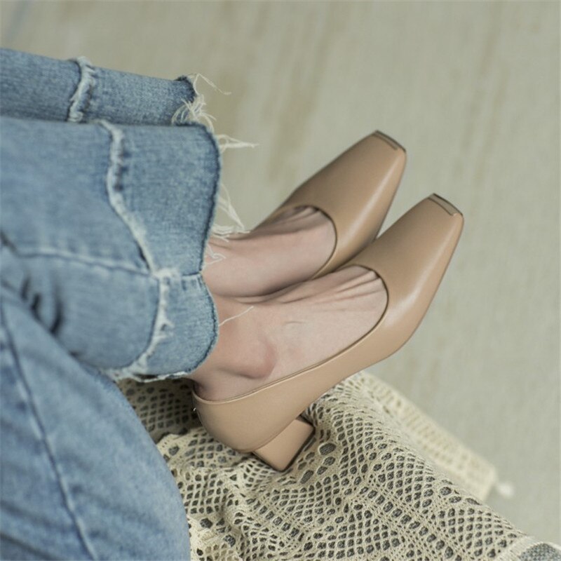 Spring New Women's Pumps Genuine Leather Square Toe Chunky Heel Fashion All-match Casual Women's Shoes Green/Apricot