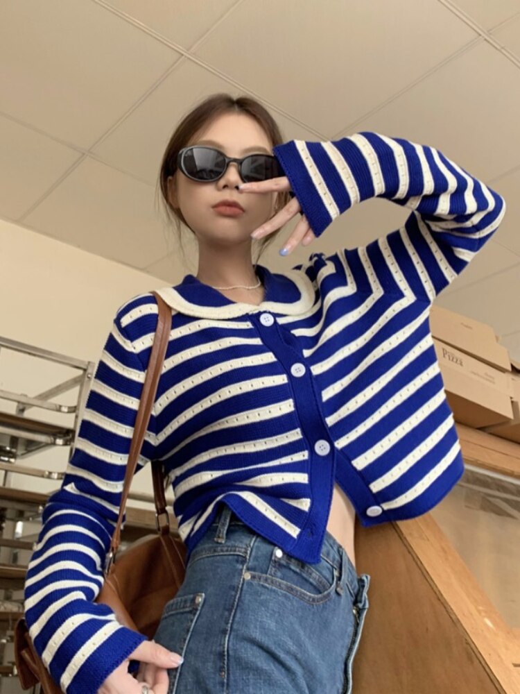 Striped Knitted Cardigan Women Hollow Out Turn Down Collar Long Sleeve Cropped Sweater Loose Outwear Autumn New Tops