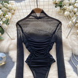 goosudu Autumn Mesh Basic Top Women Turtleneck Long Sleeve Ruched Open Crotch Slim Playsuits Fashion Sheer Sexy Bodysuits