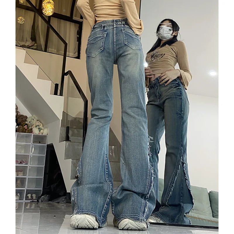 Vintage Blue Women Jeans High Waist Chic American Fashion Y2K Streetwear Wide Leg Jean Female Trouser  NEW Baggy Denim Pants