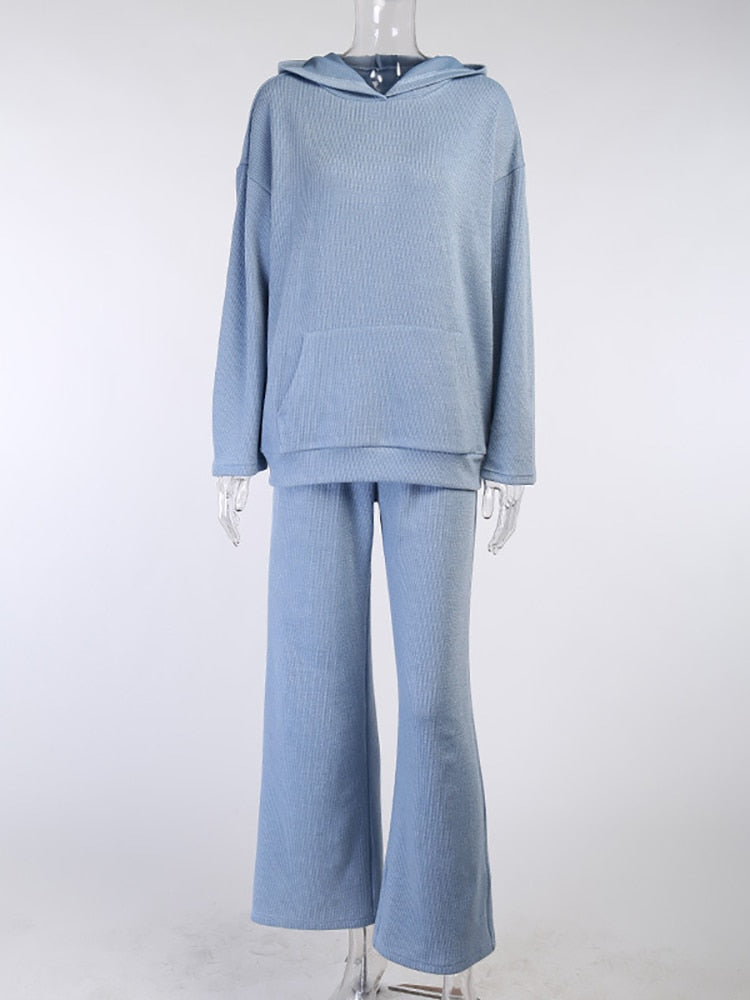 goosudu  Casual Knit Hoodied With Pocket Two Piece Sets Women Solid Long Sleeve Top Wide Leg Pant Outfit Streetwear Tracksuit New