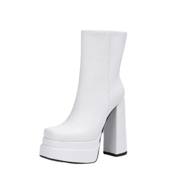 woloong  New Women Platform Boots Chunky Heels Designer Shoes For Women Motorcycle Boots Side Zipper Women's Ankle Botas Femininas