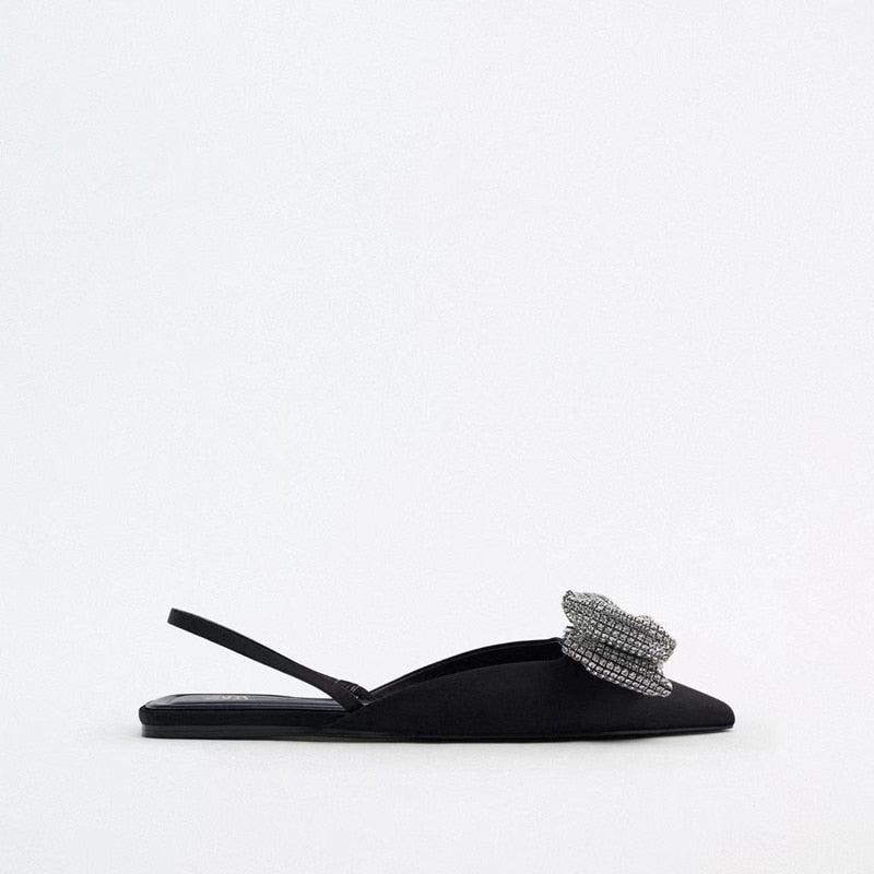 woloong  Summer Sandals Luxury Women New Cute Fashion Black Bow Tie Rhinestone Pointed Flat Sexy Slippers Plus Size 35-41