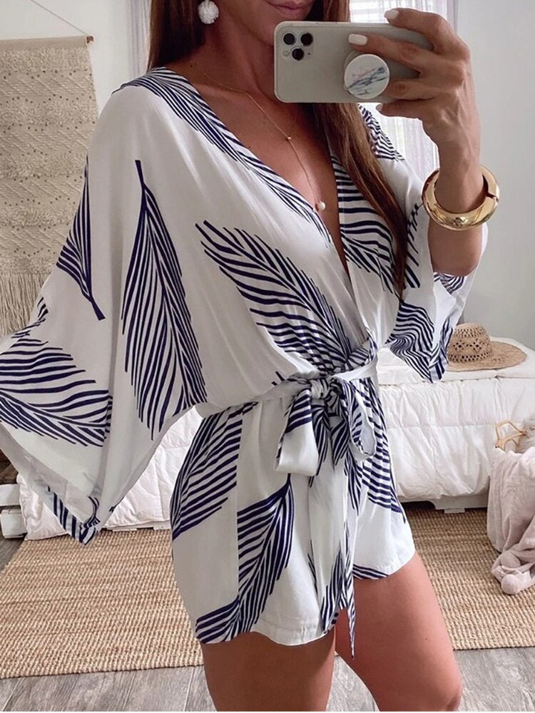 Leaf Print White Batwing Sleeve Rompers Overalls Summer Autumn Sash Wide Leg Beach Boho Playsuit  Romper