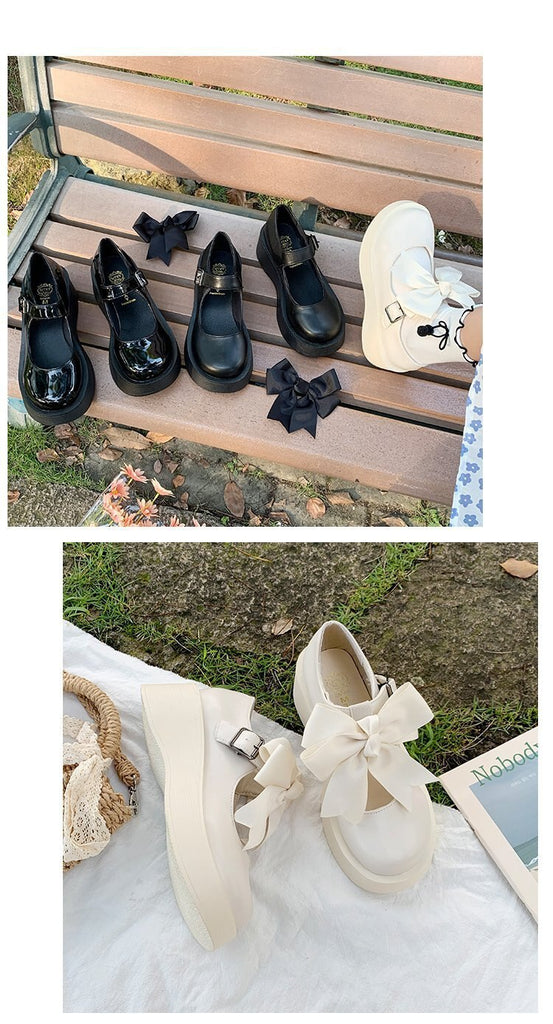 woloong  New Spring and Summer Women Mary Jane Shoes Sponge Cake Bottom Japanese Bowtie Student All-match Sweet Design Pumps