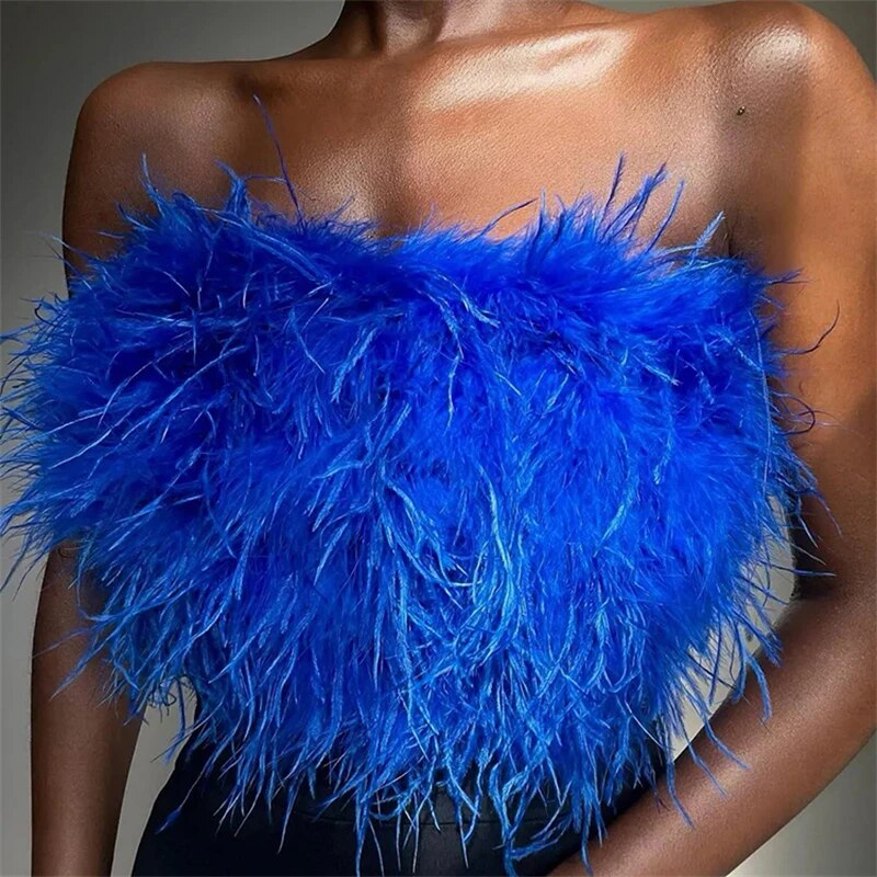 Fur Feather Strapless Tube Tops For Women Party Fashion Bustier Cute Top Y2k Club New Sexy Mini Fluffy Corset Top