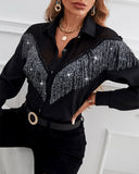 Spring Autumn Women Tassel Sheer Mesh Button Front Shirt  Femme Turn-Down Collar Long Sleeve Top Office Lady Outfits Traf