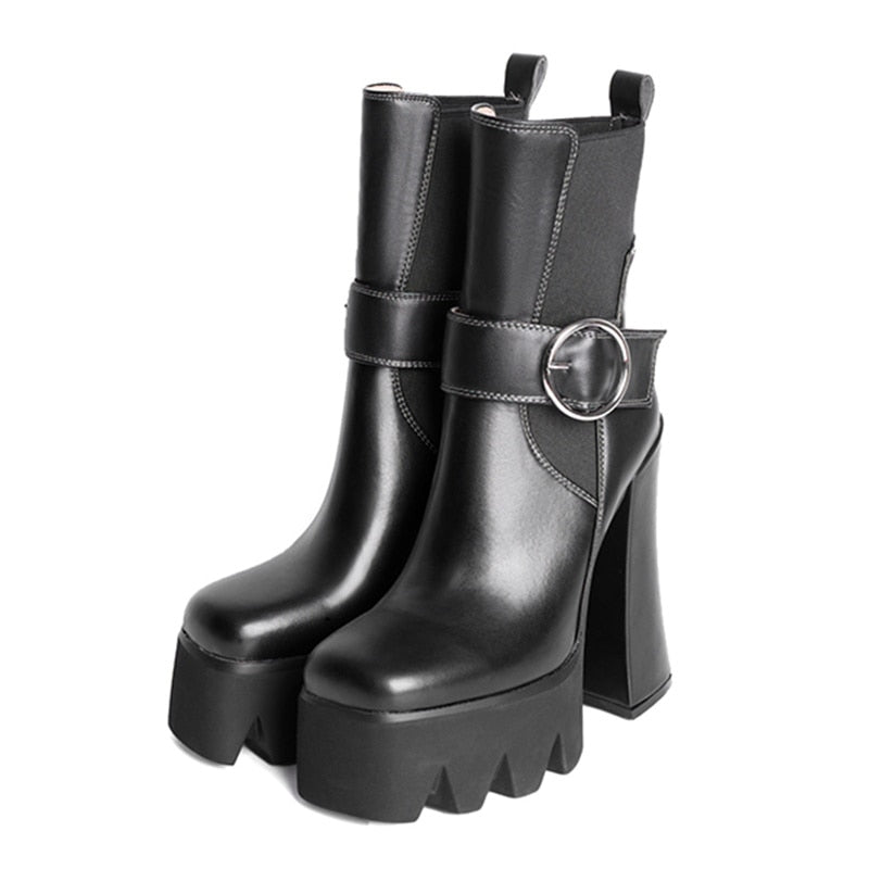 Spring and Autumn New Thick Heel Waterproof Platform Square Toe Short Boots Green Fashion Women's Boots Genuine Leather
