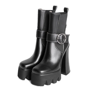 Spring and Autumn New Thick Heel Waterproof Platform Square Toe Short Boots Green Fashion Women's Boots Genuine Leather
