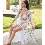 Tassel Hand Crochet Knitted Women Bikini Cover Ups  Summer Holiday Beach Bathing Suit Sexy Hollow Out Skirts Matching Set