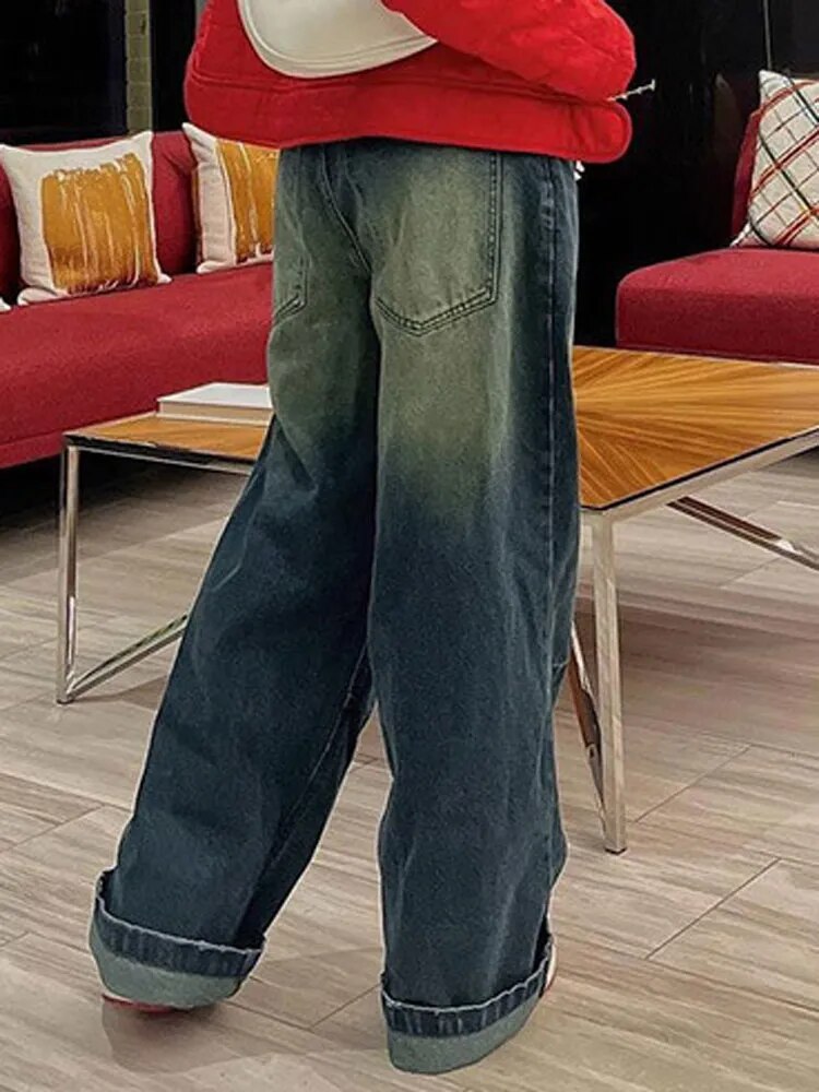 Vintage Wide Leg For Women Jeans Fashion New Jean Streetwear Zipper Pocket High Street Female Y2k Denim Trousers