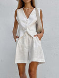 Cotton Linen Vest Shorts White Blue Sets Sleeveless Button V-neck Waistcoat 2 Pieces Set Womens Elegant Top Shorts Suits