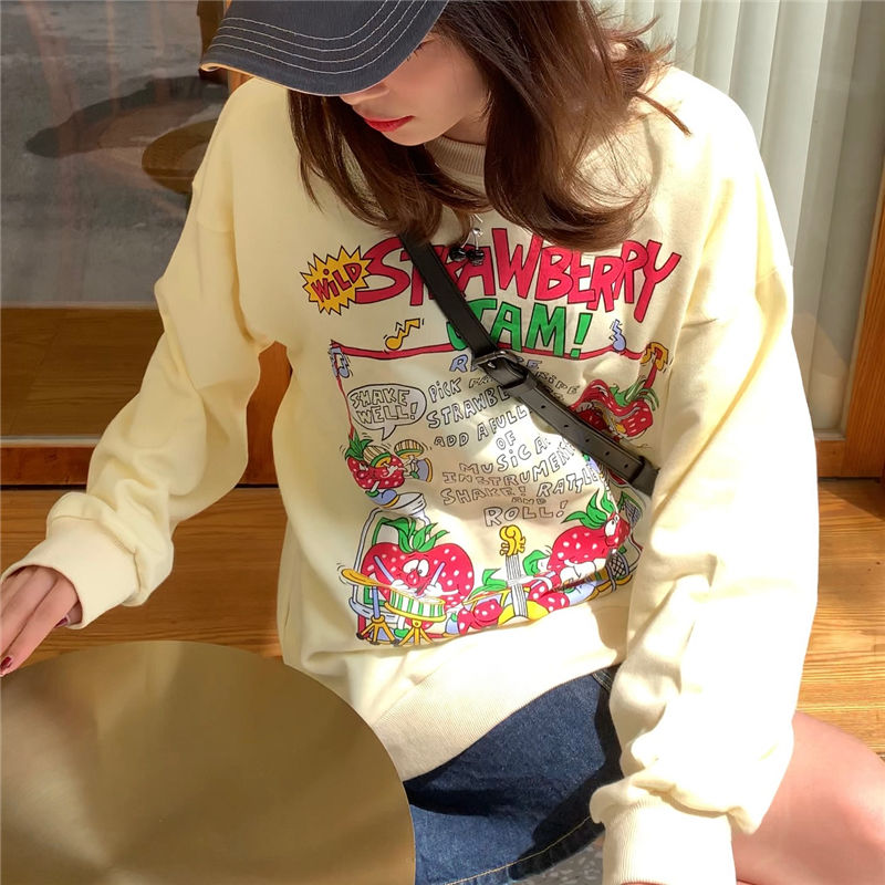 woloong Kawaii Rose Red Cartoon Letter Print Sweatshirt Vintage Streetwear Fashion Tops New O-neck Casual Teens Clothes Goth Punk