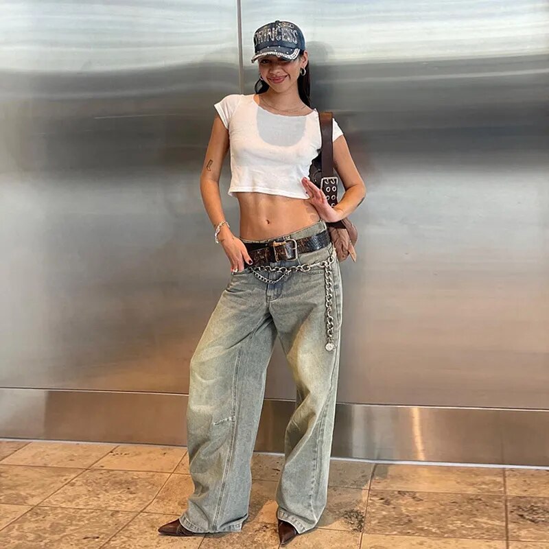 Vintage Wide Leg For Women Jeans Fashion New Jean Streetwear Zipper Pocket High Street Female Y2k Denim Trousers