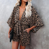 Leopard Print Bowknot Wide Leg Romper Overalls Casual Loose Summer V Neck Playsuits Short Jumpsuits Pockets