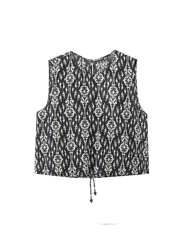 Printed Drawstring Cropped Tops Low Waist Fly Pants Sets Thin Causal Shirts Button Suits Summer Female Sleeveless Outwear