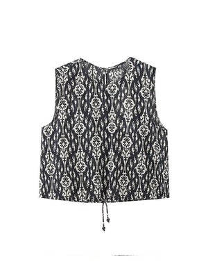 Printed Drawstring Cropped Tops Low Waist Fly Pants Sets Thin Causal Shirts Button Suits Summer Female Sleeveless Outwear