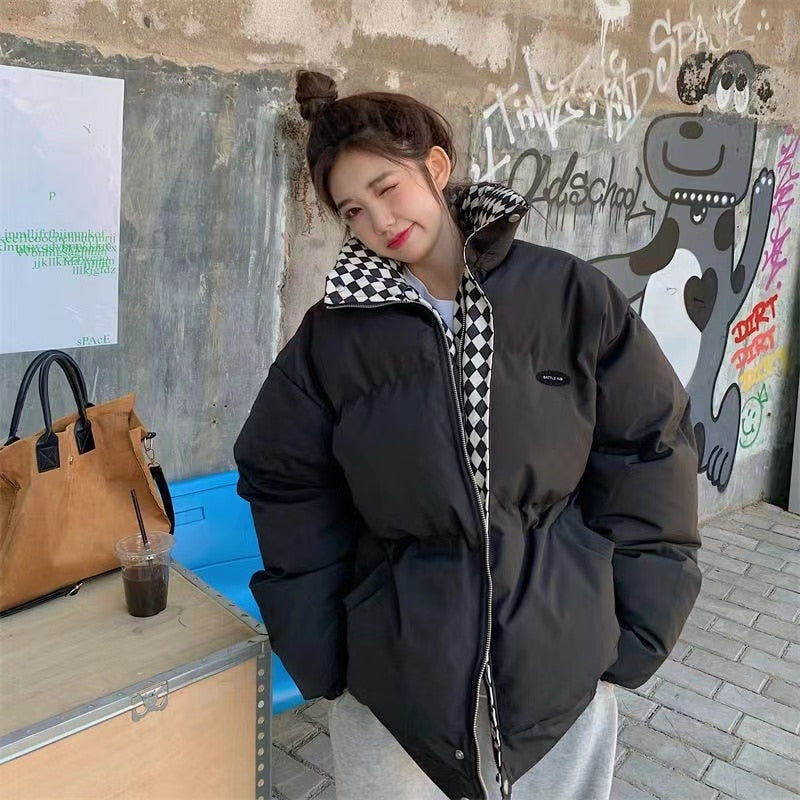 New Winter Down Cotton Jacket Women Zipper Loose Padded Coat Female Solid Thickening Warm Puffer Parkas Jackets Black White