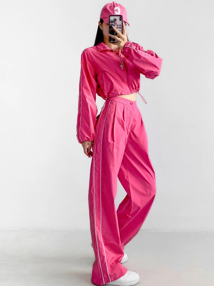 White Black Sports Tracksuits Set Women Windbreak Fast Dry Cropped Zip Up Jackets Coat Top Wide Leg Baggy Pants Trousers