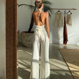 Home Wear Sexy Halter Backless Tank Top Set Woman 2 Piece Bodycon Beige Pleated Pants Set Elegant Skinny Slit Trouser Suits