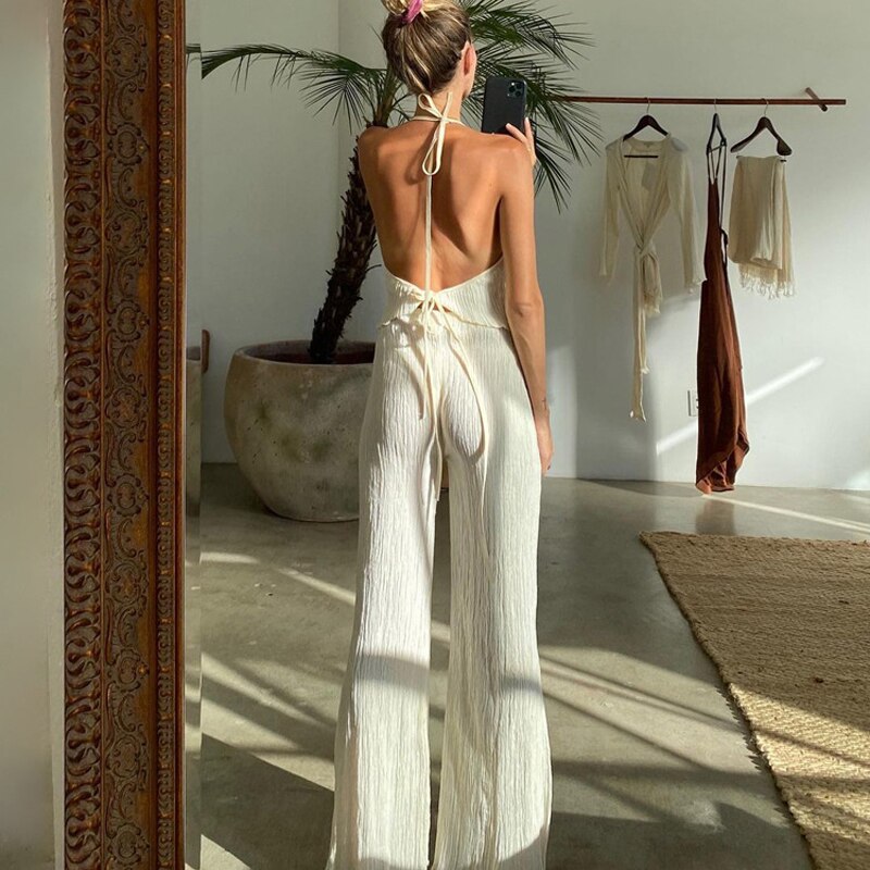 Home Wear Sexy Halter Backless Tank Top Set Woman 2 Piece Bodycon Beige Pleated Pants Set Elegant Skinny Slit Trouser Suits