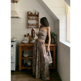 Summer Apricot Vest Skirt Womens Tie-dyed Two Piece Set Fashion Y2K Belt NEW Female Temperament Elegant Party Long Dress