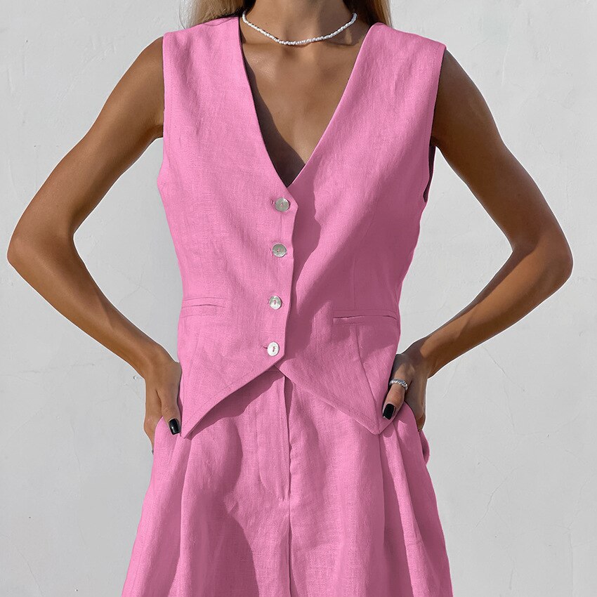 Cotton Linen Vest Shorts White Blue Sets Sleeveless Button V-neck Waistcoat 2 Pieces Set Womens Elegant Top Shorts Suits