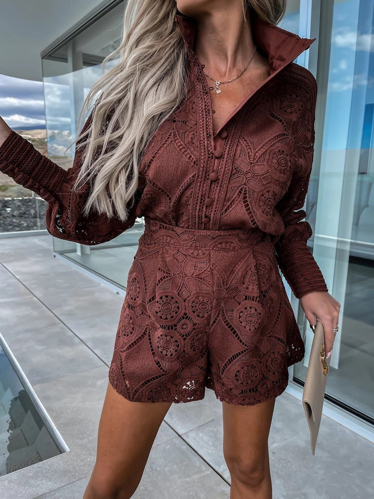 Vintage Single Breasted White Lace Women Shorts Sets Spring Long Sleeve Casual Party 2 Pcs Outfits Femme Suit Summer