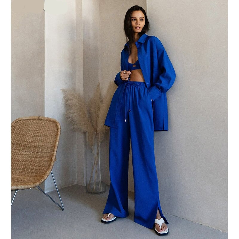 Cotton Homewear Shirt Long Pants 2 Piece Set Female Long Sleeve Shirt Suit High Waist Lace Up Slit Wide Leg Pants Set