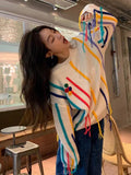 Rainbow Striped Sweater Women Pullovers Fall Winter New O Neck Long Sleeve Knit Tops Korean Chic Warm Tassel Jumpers