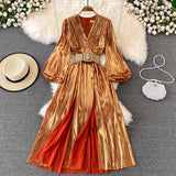 Spring New Women French Loose Midi Dress With Belt Elegant Long Sleeve A-line Lady Clothes  Autumn Female Birthday Party Robe