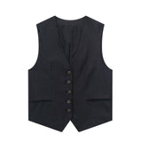 Linen V-neck Vest High Waist Shorts Sets Single Breasted Sleeveless Blazer Shorts 2 Pcs Set Women Fashion Commuter Suits