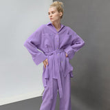 Casual Cotton Sleepwear Oversize Tops Pants 2 Piece Sets Women Loose Lace Up Shirts Suits Female Solid Homewear Outfits