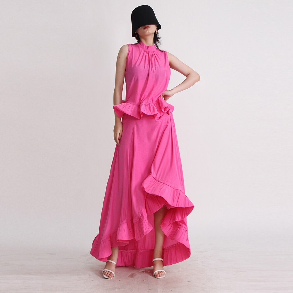 Solid Two Piece Sets For Women Stand Collar Sleeveless Tops High Waist A Line Skirts Summer Set Female Fashion New