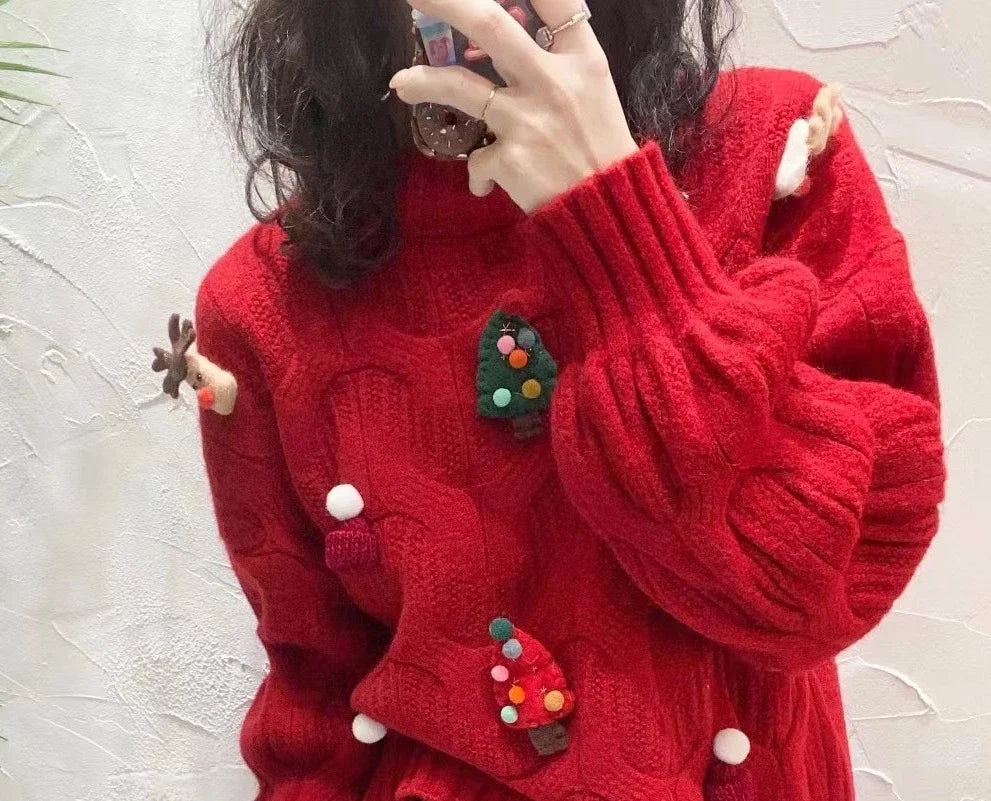 Christmas Tree Appliques Loose Pullovers Women O-neck Long Sleeve Knitted Sweaters Female Autumn Winter New Arrival Pull Femme New Year