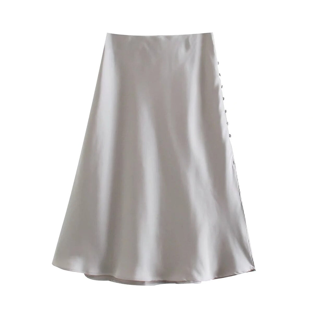 woloong  Summer Women Satin Elastic Waist Side Slit A-Line Skirt New Fashion Lady Button Decoration Falda Midi LUJIA ALAN P1597