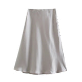 woloong  Summer Women Satin Elastic Waist Side Slit A-Line Skirt New Fashion Lady Button Decoration Falda Midi LUJIA ALAN P1597