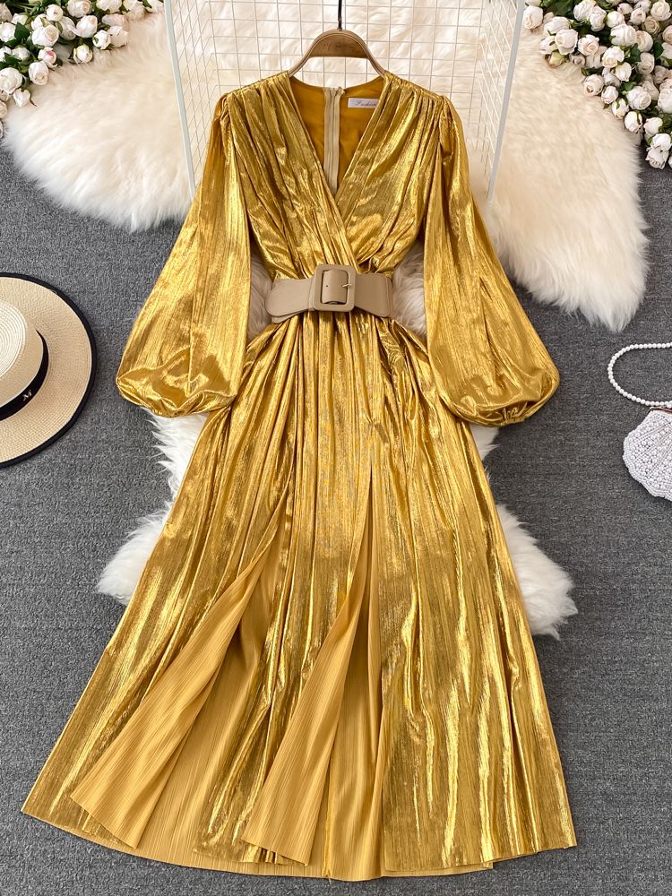 Spring New Women French Loose Midi Dress With Belt Elegant Long Sleeve A-line Lady Clothes  Autumn Female Birthday Party Robe