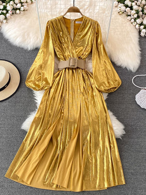 Spring New Women French Loose Midi Dress With Belt Elegant Long Sleeve A-line Lady Clothes  Autumn Female Birthday Party Robe