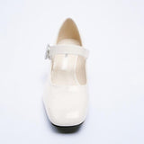 woloong High Heels Women's Spring New Round Toe Black Ladies Small Leather Shoes Retro Fashion Thick Heel Shallow Shoes