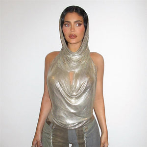 Women Midnight Stunning Hollow Out Hoodies Tank Top Backless Sexy Pile Collar Mini Vest  T Shirts Glitter Summer Tee New