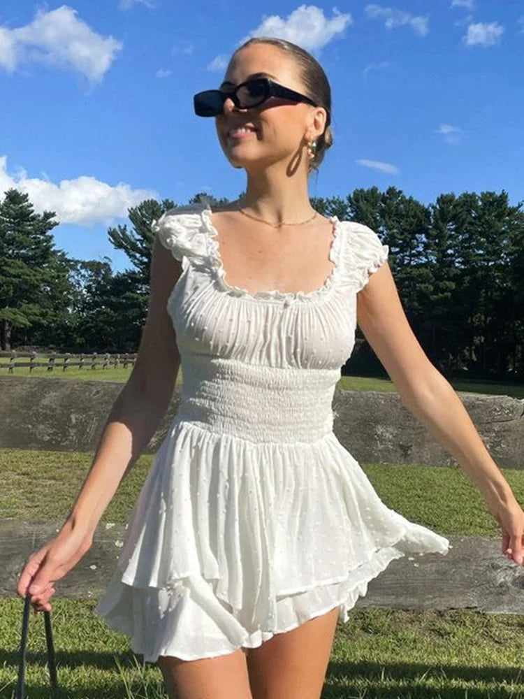 White Dots Women Sleeveless Romper Tiered Wide Leg Summer Playsuit Elastic Smocking Square Collar Overall